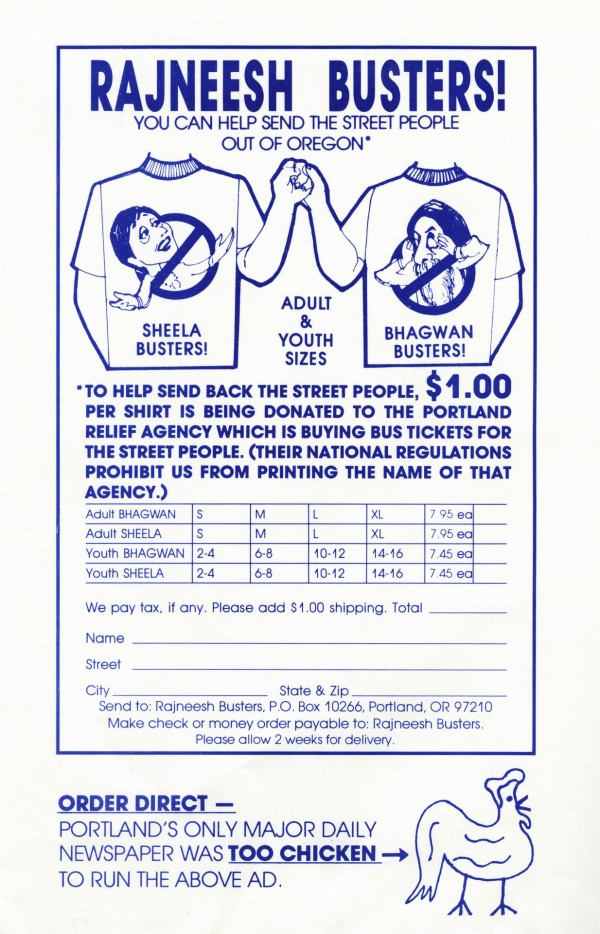 Advertisement for "Rajneesh Busters" t-shirts, circa 1981-1985, In Religion collection [manuscript], Mss 1517