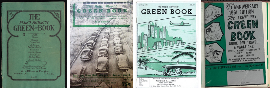 The Travelers' Green Book covers from 1937, 1945, 1956, and 1961 by Victor H. Green & Co.
