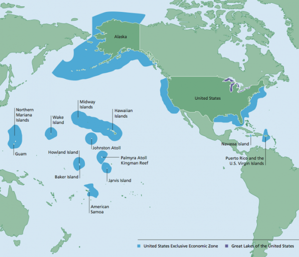 United States Economic Exclusion Zone - Pacific-centered map via NOAA